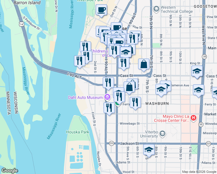 map of restaurants, bars, coffee shops, grocery stores, and more near 322 Cameron Avenue in La Crosse