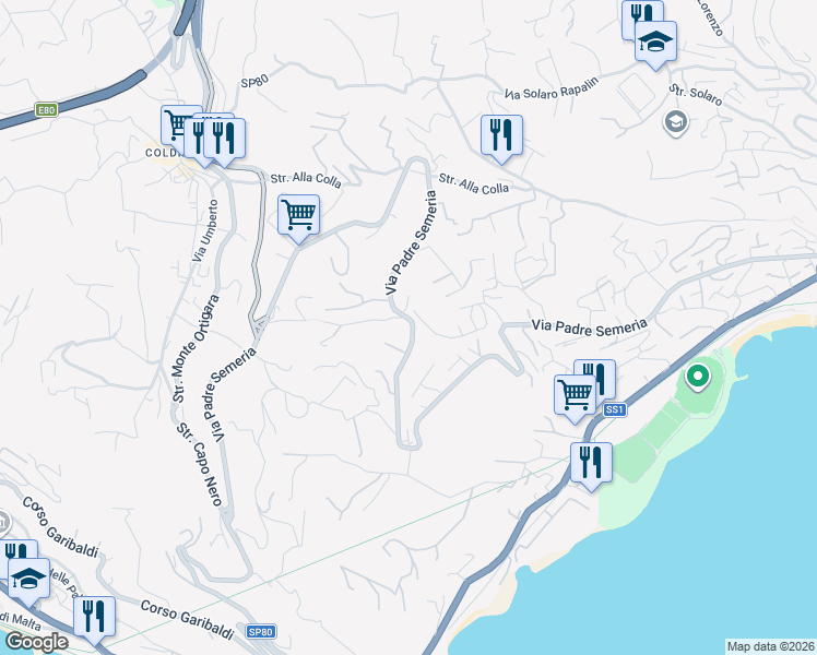 map of restaurants, bars, coffee shops, grocery stores, and more near 542\a Via Padre Semeria in Sanremo