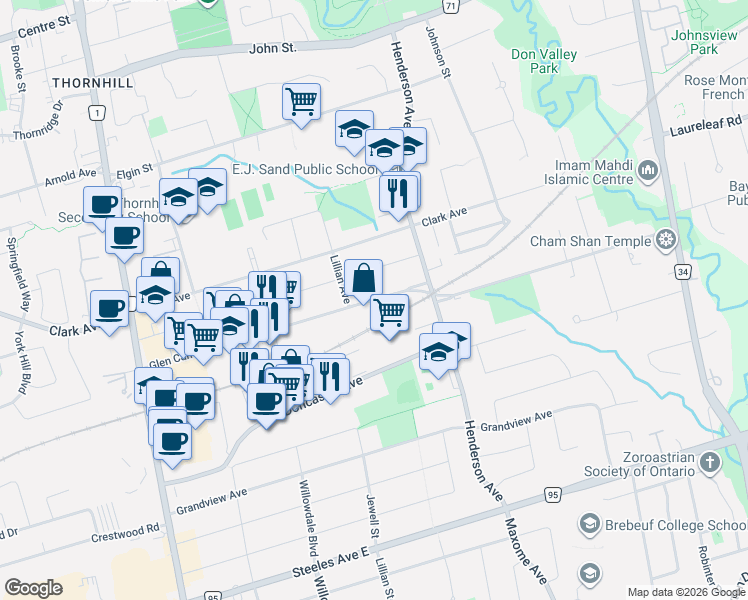 map of restaurants, bars, coffee shops, grocery stores, and more near Glen Cameron Road in Regional Municipality of York