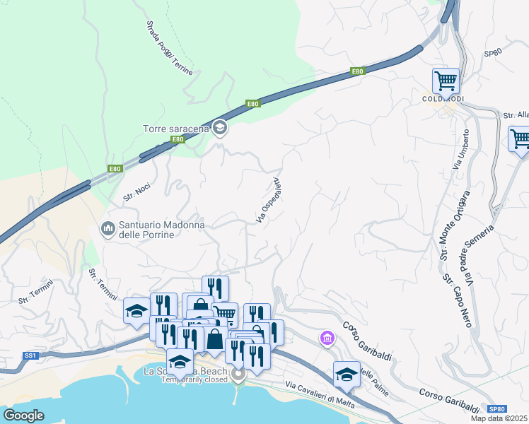 map of restaurants, bars, coffee shops, grocery stores, and more near 102 Strada Vallegrande in Ospedaletti