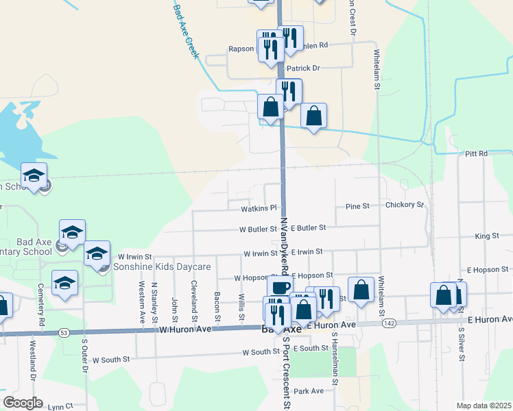 map of restaurants, bars, coffee shops, grocery stores, and more near 161 Watkins Place in Bad Axe
