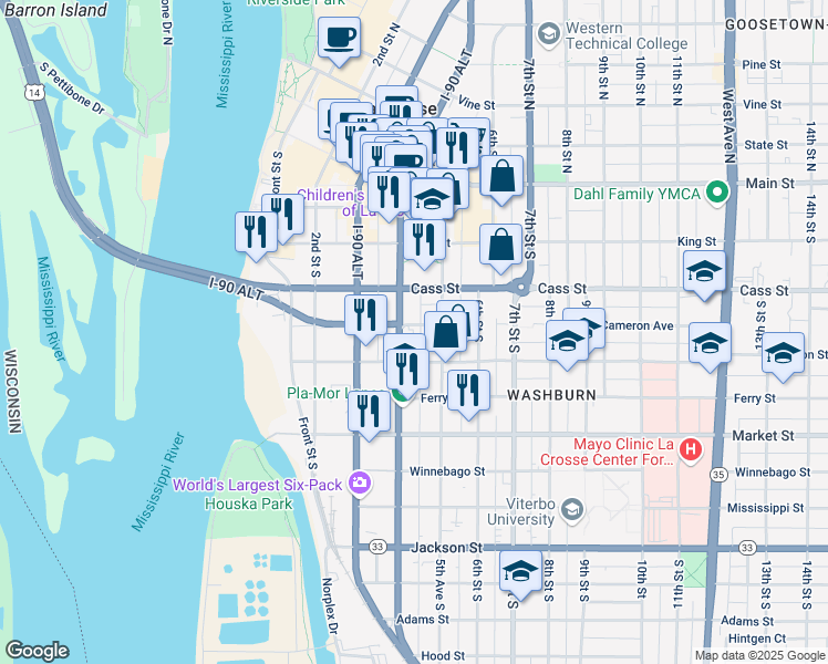 map of restaurants, bars, coffee shops, grocery stores, and more near 414 Cameron Avenue in La Crosse
