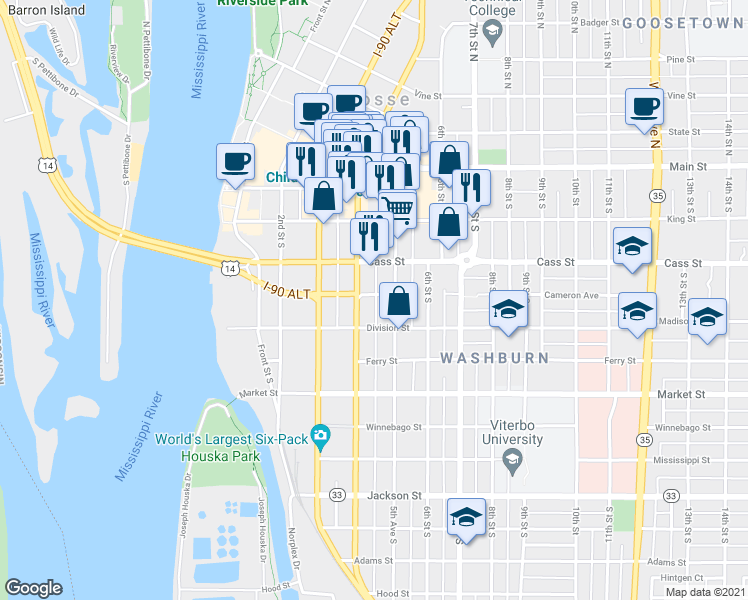 map of restaurants, bars, coffee shops, grocery stores, and more near 414 Cameron Avenue in La Crosse