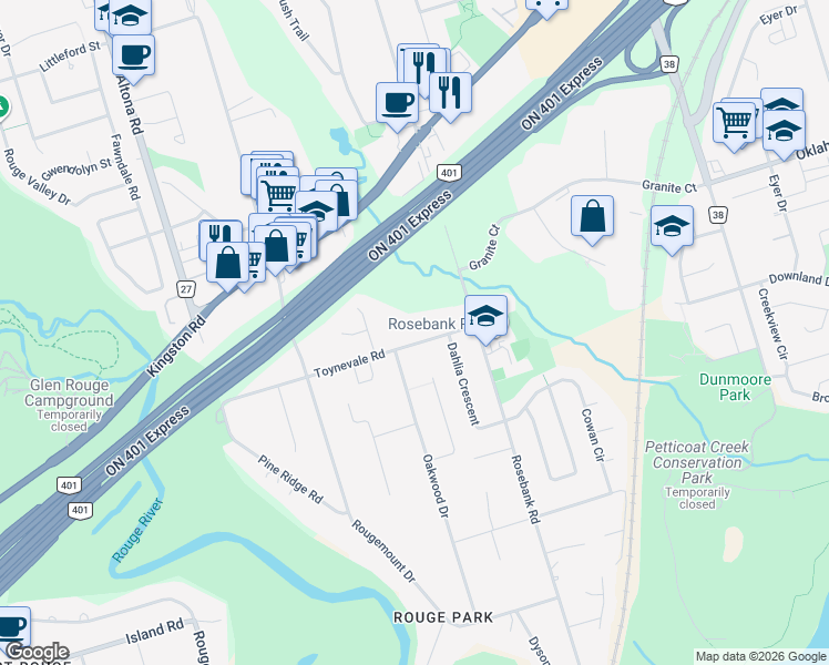 map of restaurants, bars, coffee shops, grocery stores, and more near in Pickering