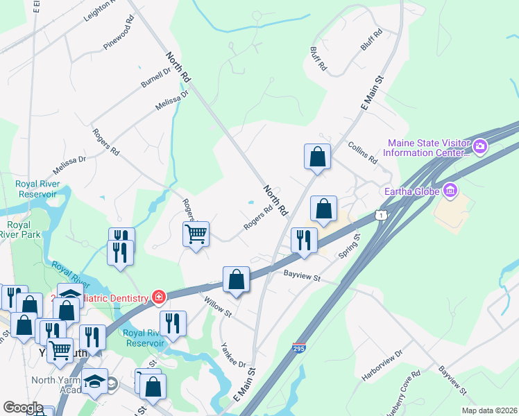 map of restaurants, bars, coffee shops, grocery stores, and more near 23 Rogers Rd in Yarmouth