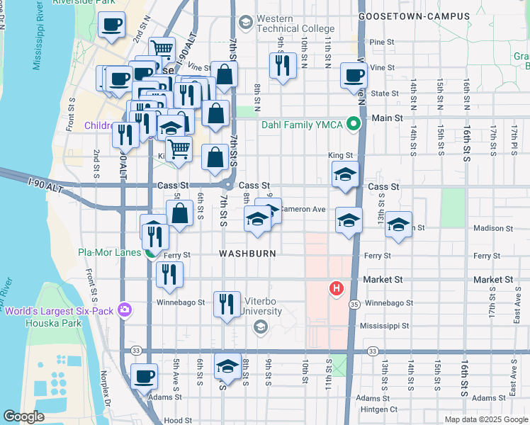 map of restaurants, bars, coffee shops, grocery stores, and more near 402 9th Street South in La Crosse