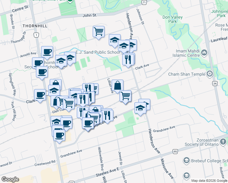 map of restaurants, bars, coffee shops, grocery stores, and more near 98 Glen Cameron Road in Markham