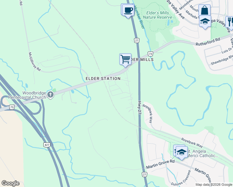 map of restaurants, bars, coffee shops, grocery stores, and more near 20 Di Benedetto Lane in Vaughan