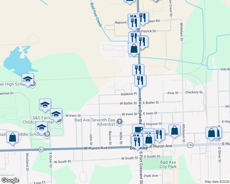 map of restaurants, bars, coffee shops, grocery stores, and more near 276 Watkins Place in Bad Axe