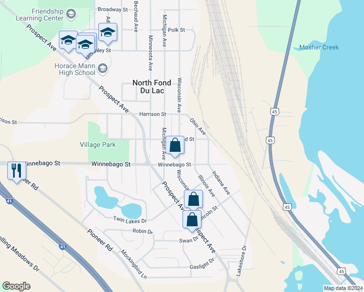 map of restaurants, bars, coffee shops, grocery stores, and more near 624 Wisconsin Avenue in North Fond du Lac