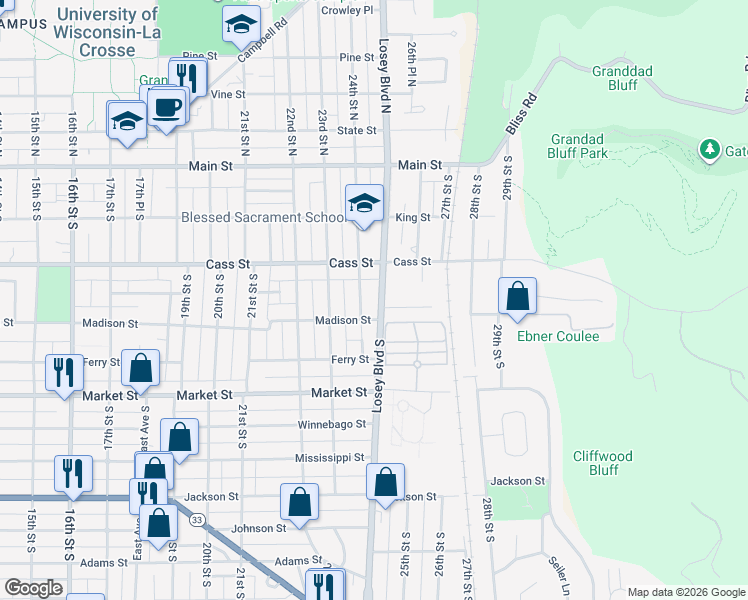 map of restaurants, bars, coffee shops, grocery stores, and more near 346 Losey Boulevard South in La Crosse