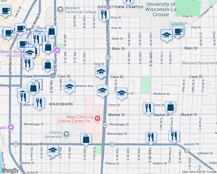 map of restaurants, bars, coffee shops, grocery stores, and more near in La Crosse