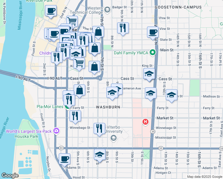 map of restaurants, bars, coffee shops, grocery stores, and more near 402 9th Street South in La Crosse