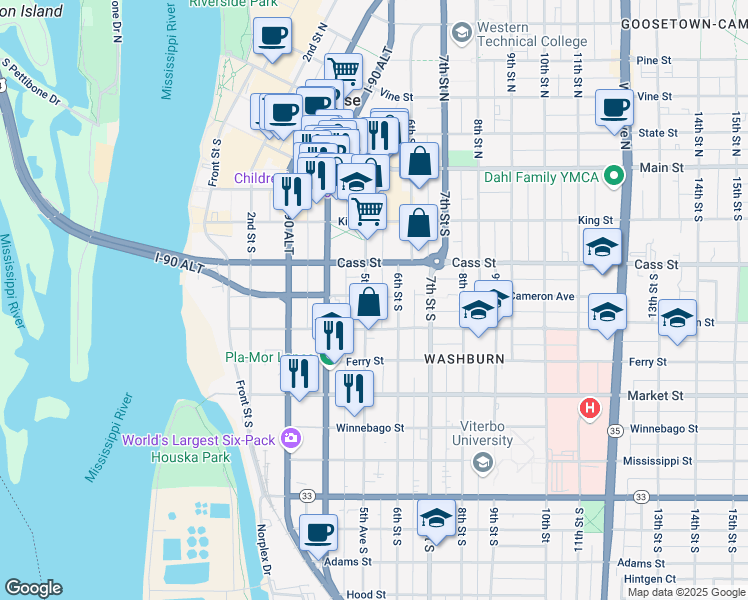map of restaurants, bars, coffee shops, grocery stores, and more near 511 5th Avenue South in La Crosse