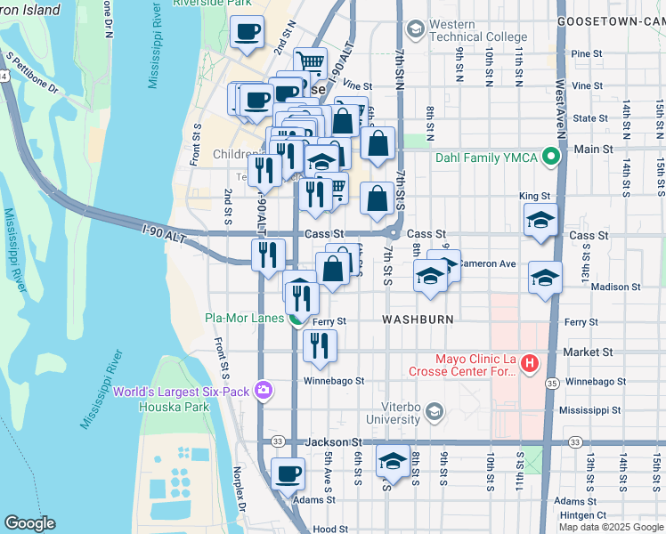 map of restaurants, bars, coffee shops, grocery stores, and more near 511 5th Avenue South in La Crosse