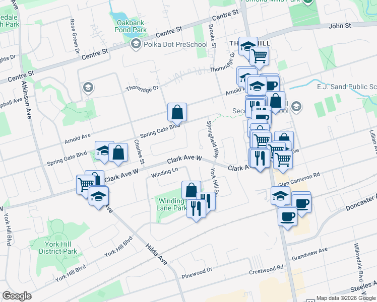 map of restaurants, bars, coffee shops, grocery stores, and more near 65 Glenmanor Way in Vaughan