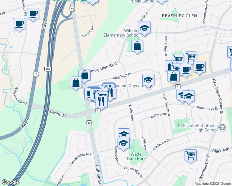 map of restaurants, bars, coffee shops, grocery stores, and more near in Vaughan