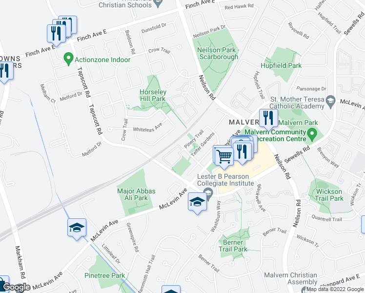 map of restaurants, bars, coffee shops, grocery stores, and more near 48 Pinery Trail in Toronto