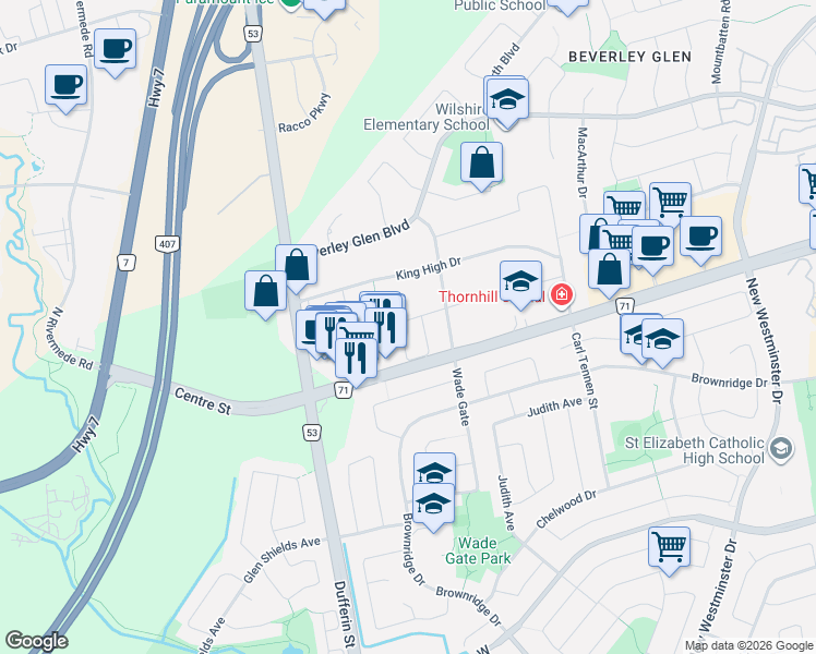 map of restaurants, bars, coffee shops, grocery stores, and more near 171 Lawrie Road in Vaughan