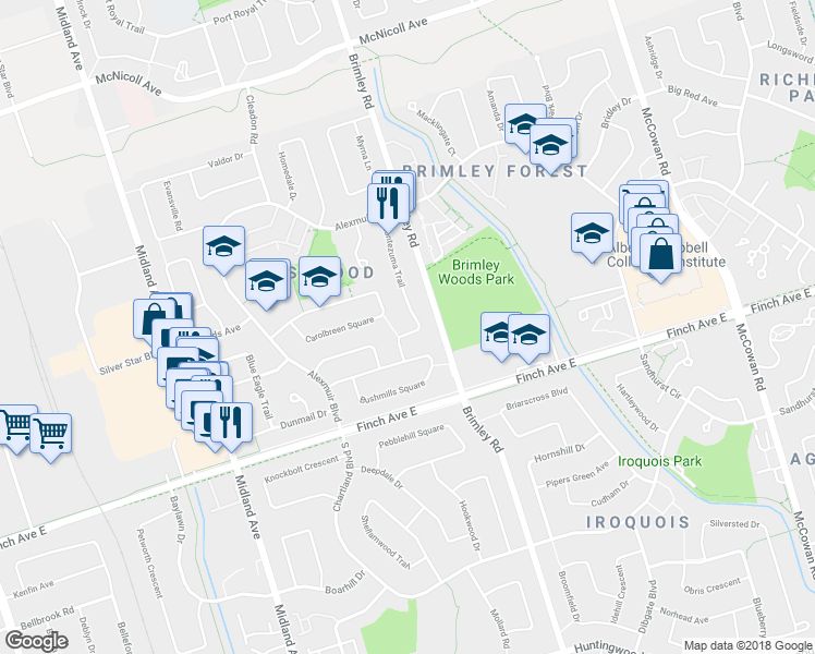 map of restaurants, bars, coffee shops, grocery stores, and more near 32 Montezuma Trail in Toronto