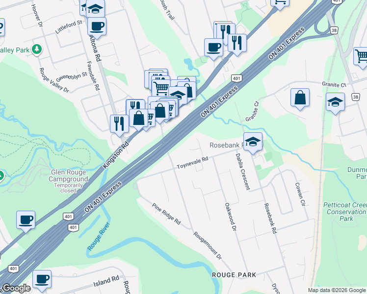 map of restaurants, bars, coffee shops, grocery stores, and more near 398 Frontier Court in Pickering
