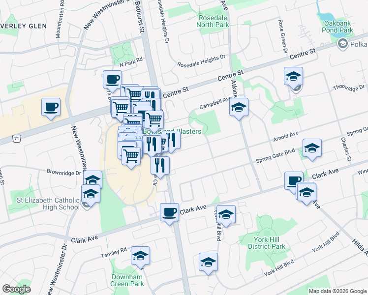 map of restaurants, bars, coffee shops, grocery stores, and more near 136 Rodeo Drive in Vaughan