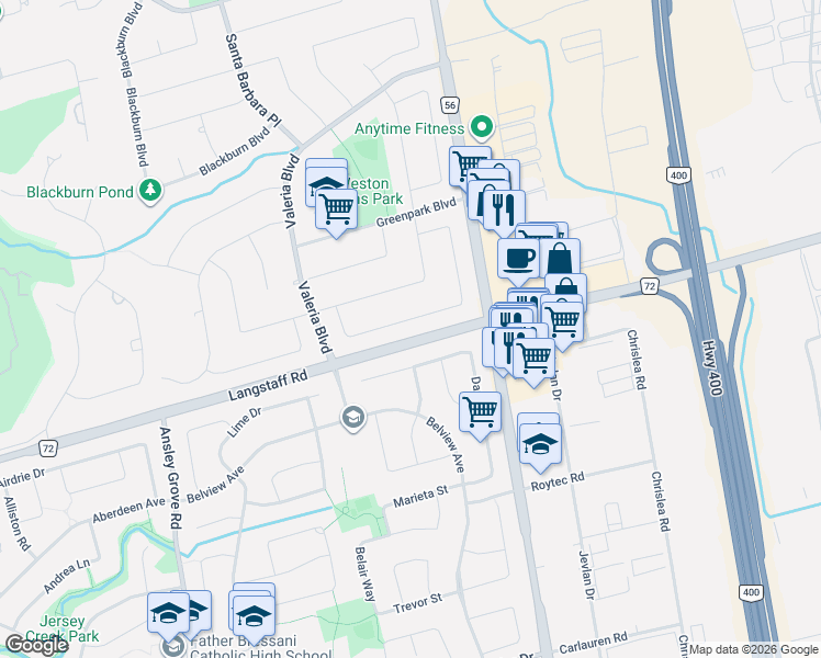 map of restaurants, bars, coffee shops, grocery stores, and more near 96 Bourbon Street in Vaughan