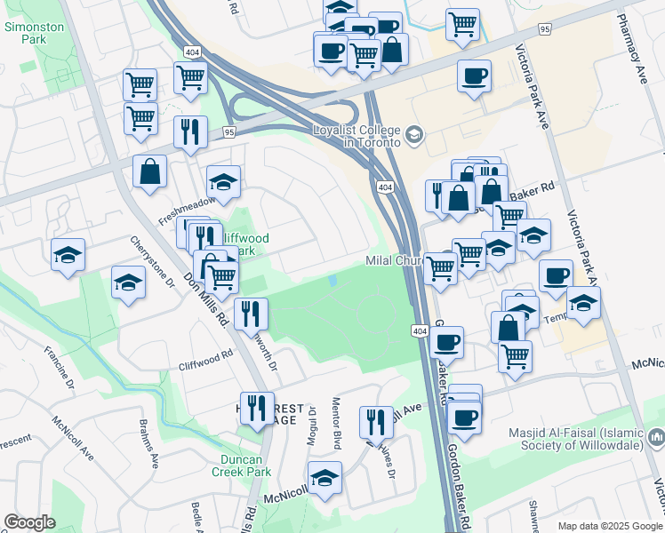 map of restaurants, bars, coffee shops, grocery stores, and more near 67 Hollyberry Trail in Toronto