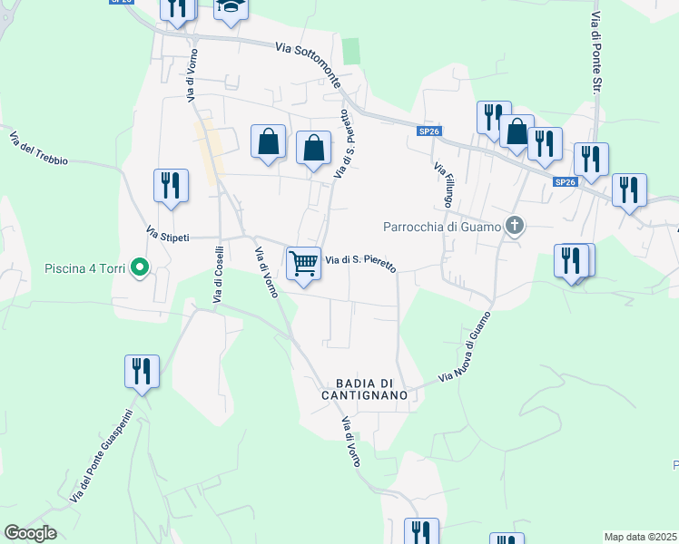 map of restaurants, bars, coffee shops, grocery stores, and more near 32 Via di San Pieretto in Capannori