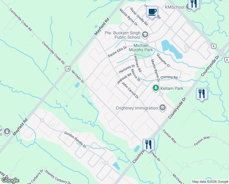 map of restaurants, bars, coffee shops, grocery stores, and more near 20 Buttonwood Road in Brampton