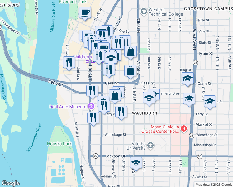 map of restaurants, bars, coffee shops, grocery stores, and more near 511 5th Avenue South in La Crosse