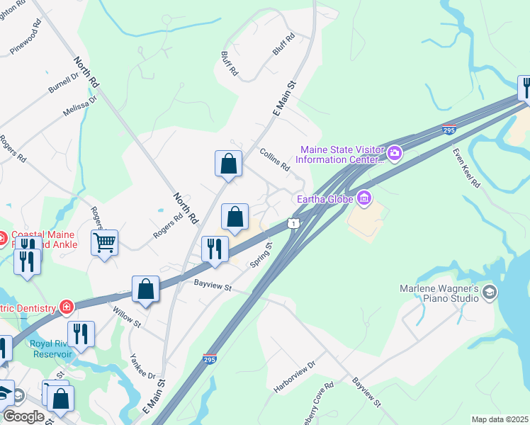 map of restaurants, bars, coffee shops, grocery stores, and more near 34 Juniper Ledge in Yarmouth