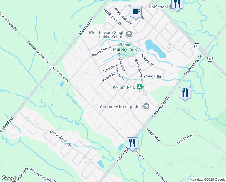 map of restaurants, bars, coffee shops, grocery stores, and more near 34 John Carroll Drive in Brampton