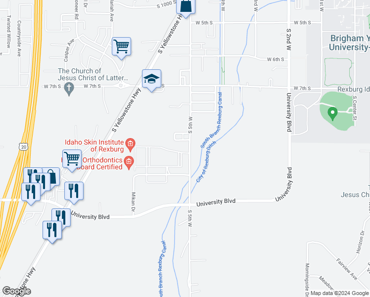 map of restaurants, bars, coffee shops, grocery stores, and more near 888 South 5th West in Rexburg