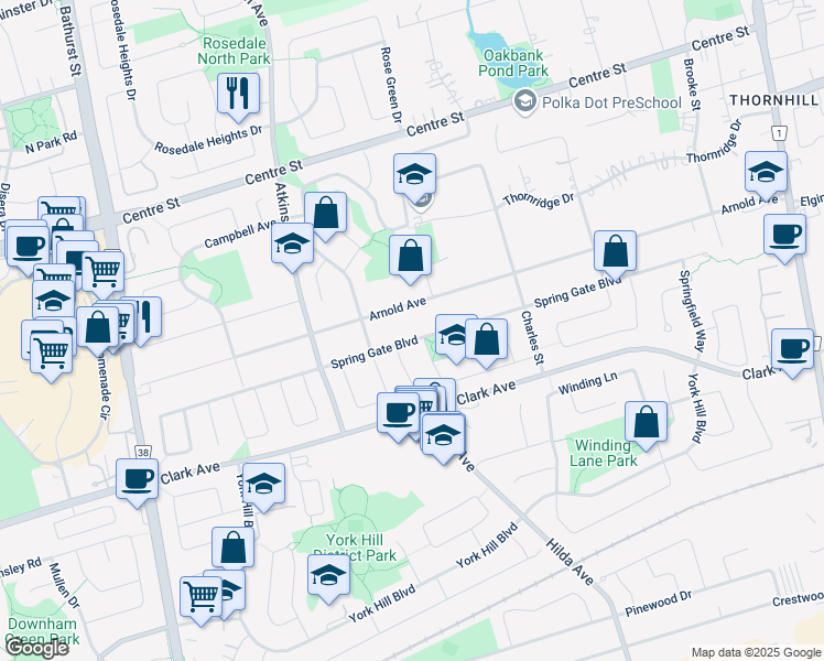 map of restaurants, bars, coffee shops, grocery stores, and more near 320 Spring Gate Boulevard in Vaughan