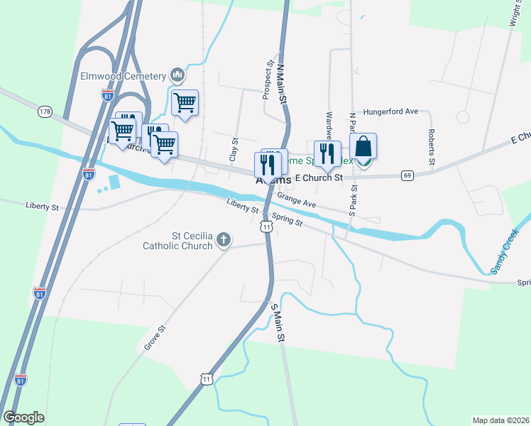 map of restaurants, bars, coffee shops, grocery stores, and more near in Adams