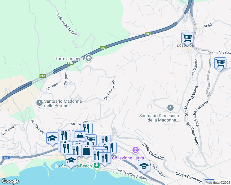 map of restaurants, bars, coffee shops, grocery stores, and more near 102 Strada Vallegrande in Ospedaletti