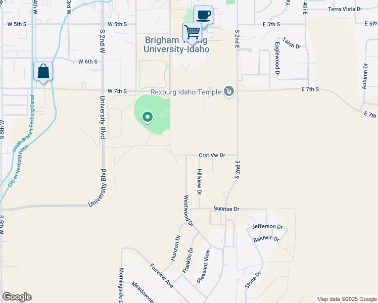 map of restaurants, bars, coffee shops, grocery stores, and more near 2-48 Crestview Street in Rexburg