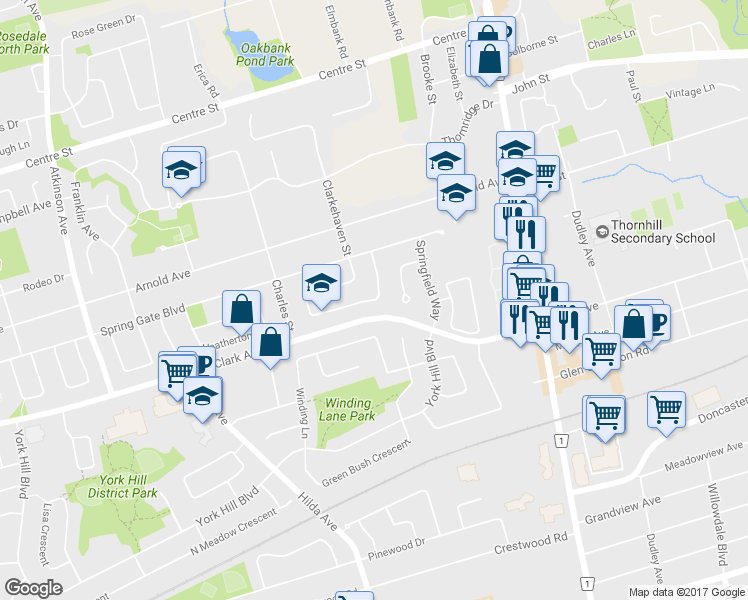 map of restaurants, bars, coffee shops, grocery stores, and more near 65 Glenmanor Way in Vaughan