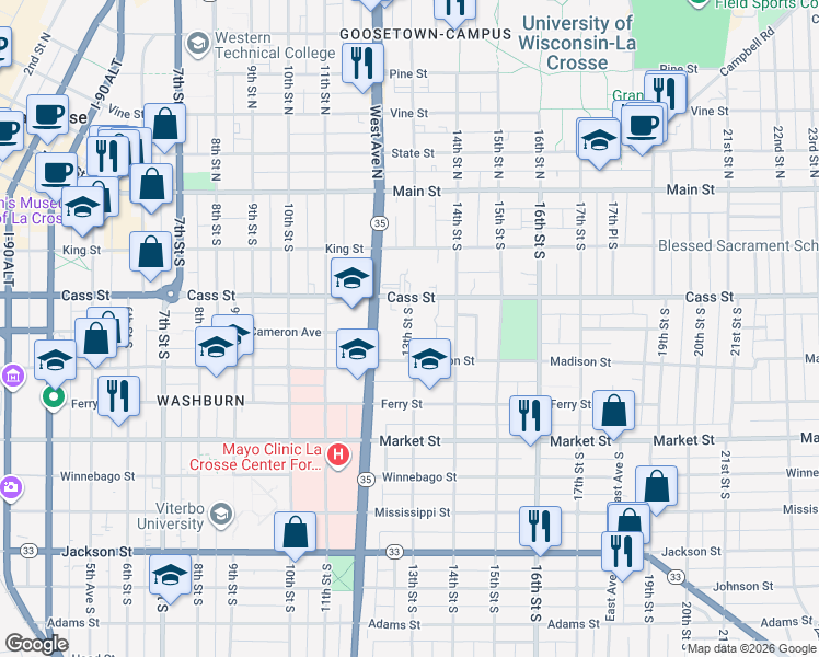 map of restaurants, bars, coffee shops, grocery stores, and more near 411 13th Street South in La Crosse