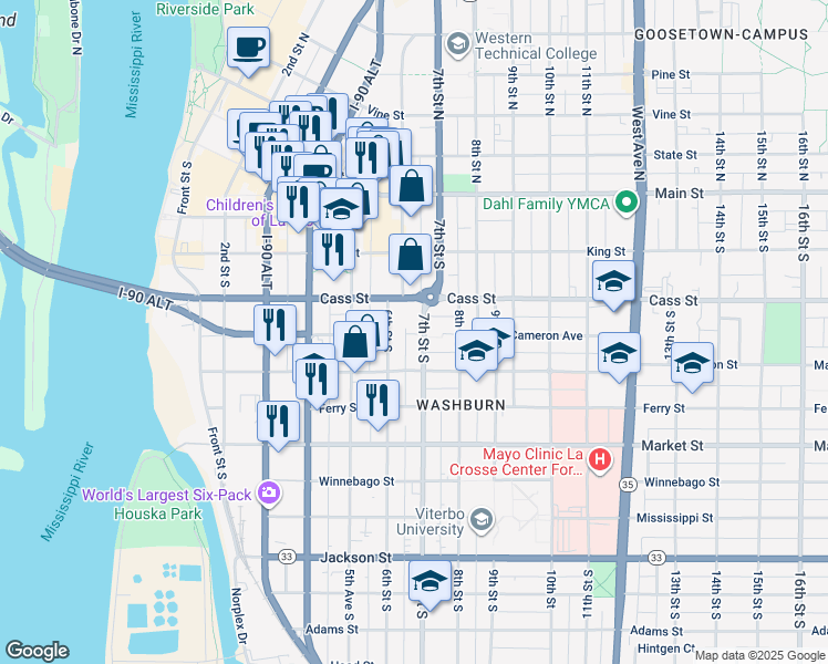 map of restaurants, bars, coffee shops, grocery stores, and more near 408 7th Street South in La Crosse