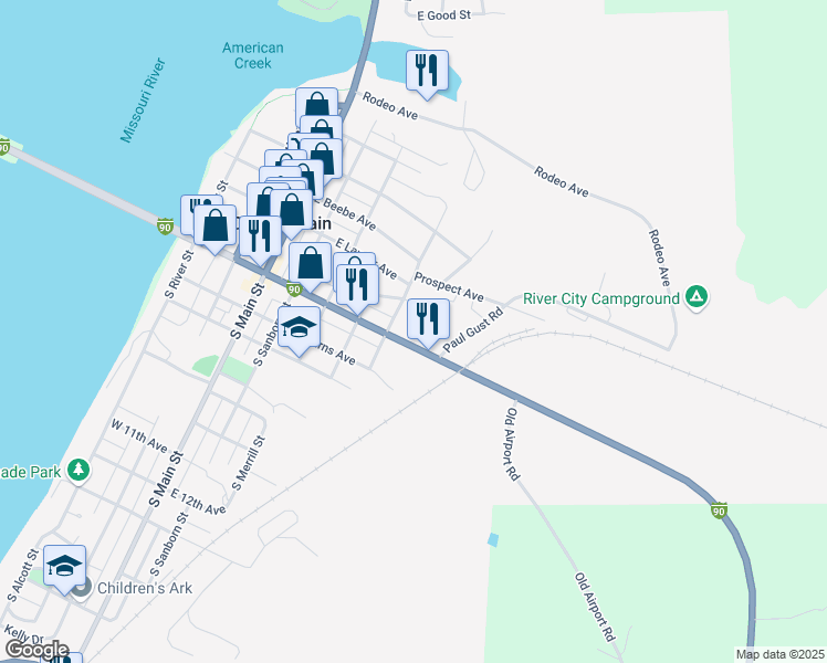map of restaurants, bars, coffee shops, grocery stores, and more near 599 East King Street in Chamberlain