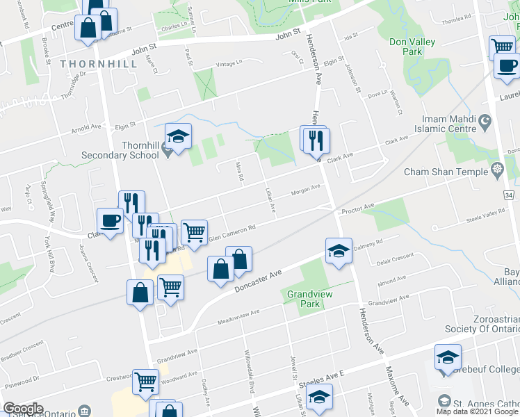 map of restaurants, bars, coffee shops, grocery stores, and more near 89 Morgan Avenue in Markham