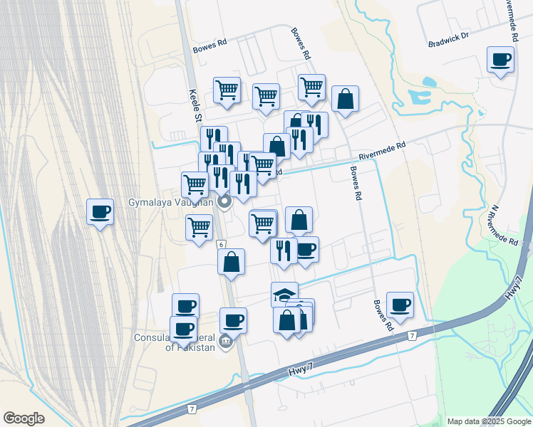 map of restaurants, bars, coffee shops, grocery stores, and more near 116 Rayette Road in Vaughan