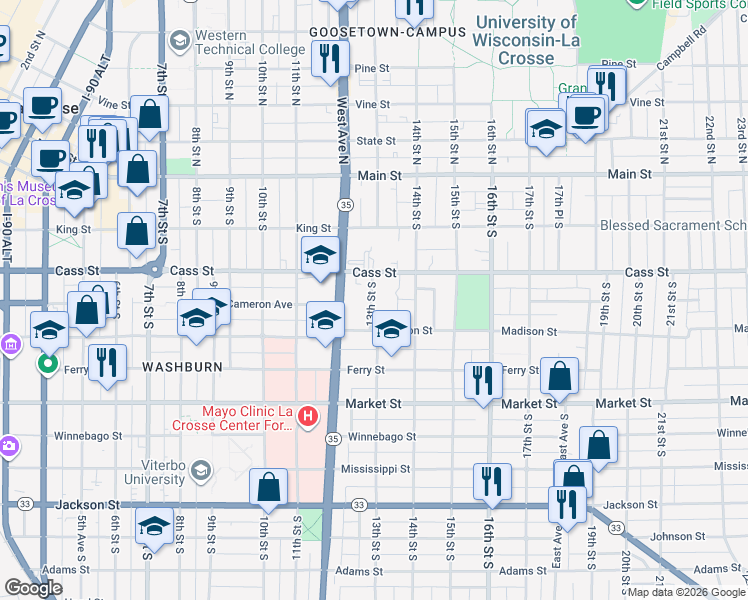 map of restaurants, bars, coffee shops, grocery stores, and more near 411 13th Street South in La Crosse