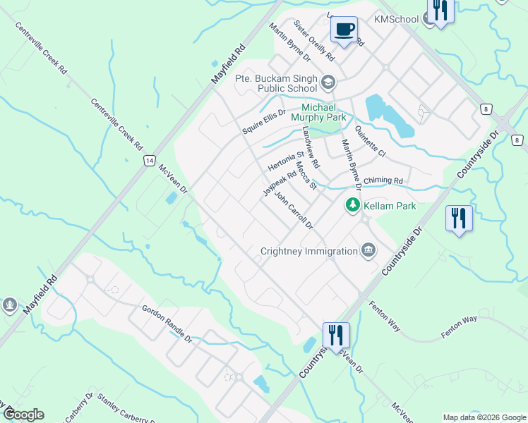 map of restaurants, bars, coffee shops, grocery stores, and more near 20 Buttonwood Road in Brampton