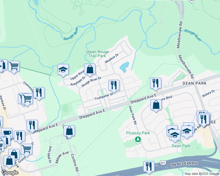 map of restaurants, bars, coffee shops, grocery stores, and more near 14 Bobcat Terrace in Toronto