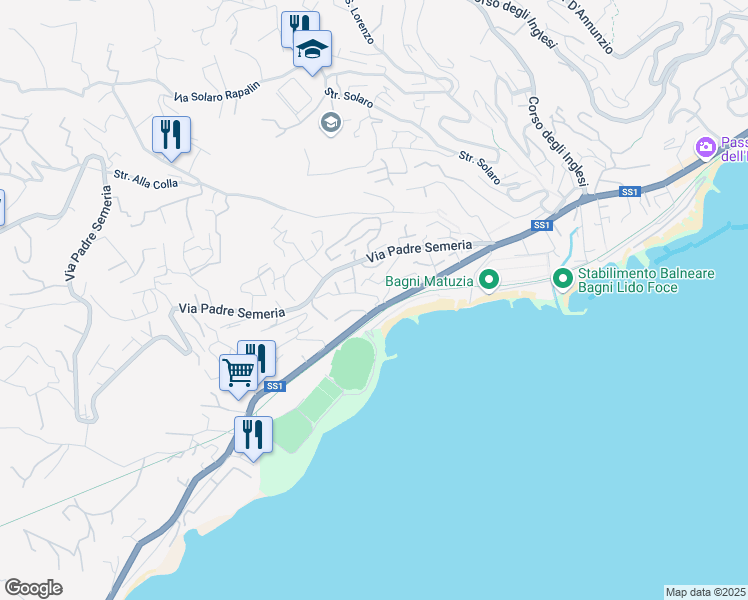 map of restaurants, bars, coffee shops, grocery stores, and more near 62 Corso Guglielmo Marconi in Sanremo
