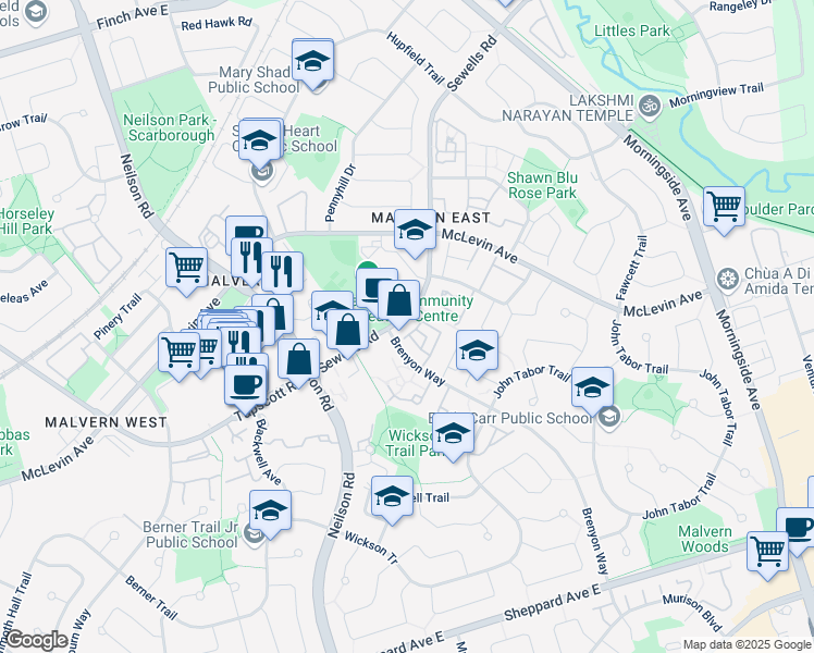 map of restaurants, bars, coffee shops, grocery stores, and more near 35 Sewells Road in Toronto