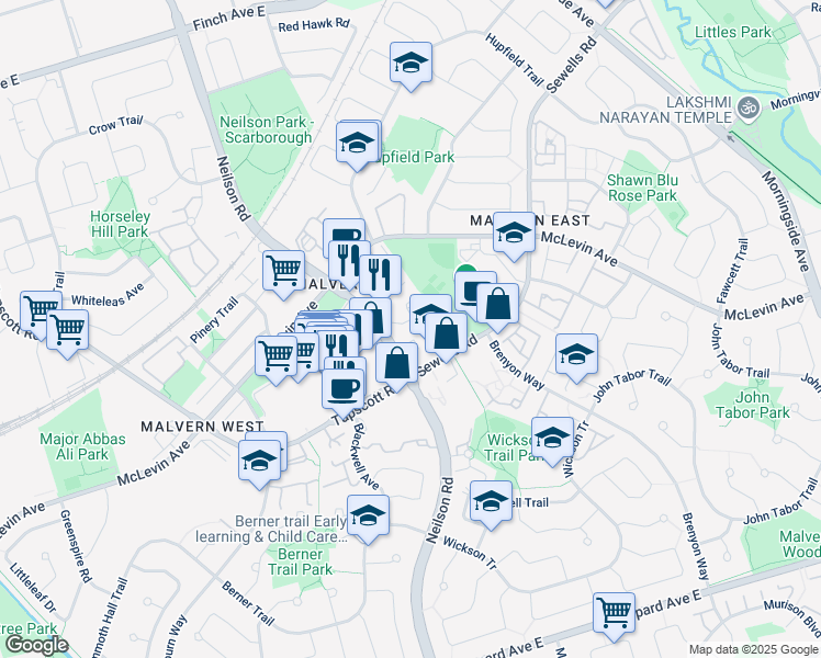 map of restaurants, bars, coffee shops, grocery stores, and more near 1315 Neilson Road in Toronto